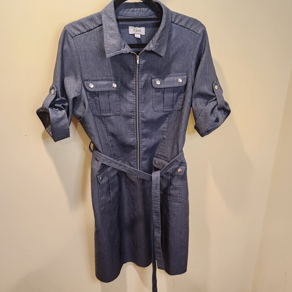 Nicci Navy Blue Denim Midi Belted Dress With Pockets Size 14p - Picture 6 of 12